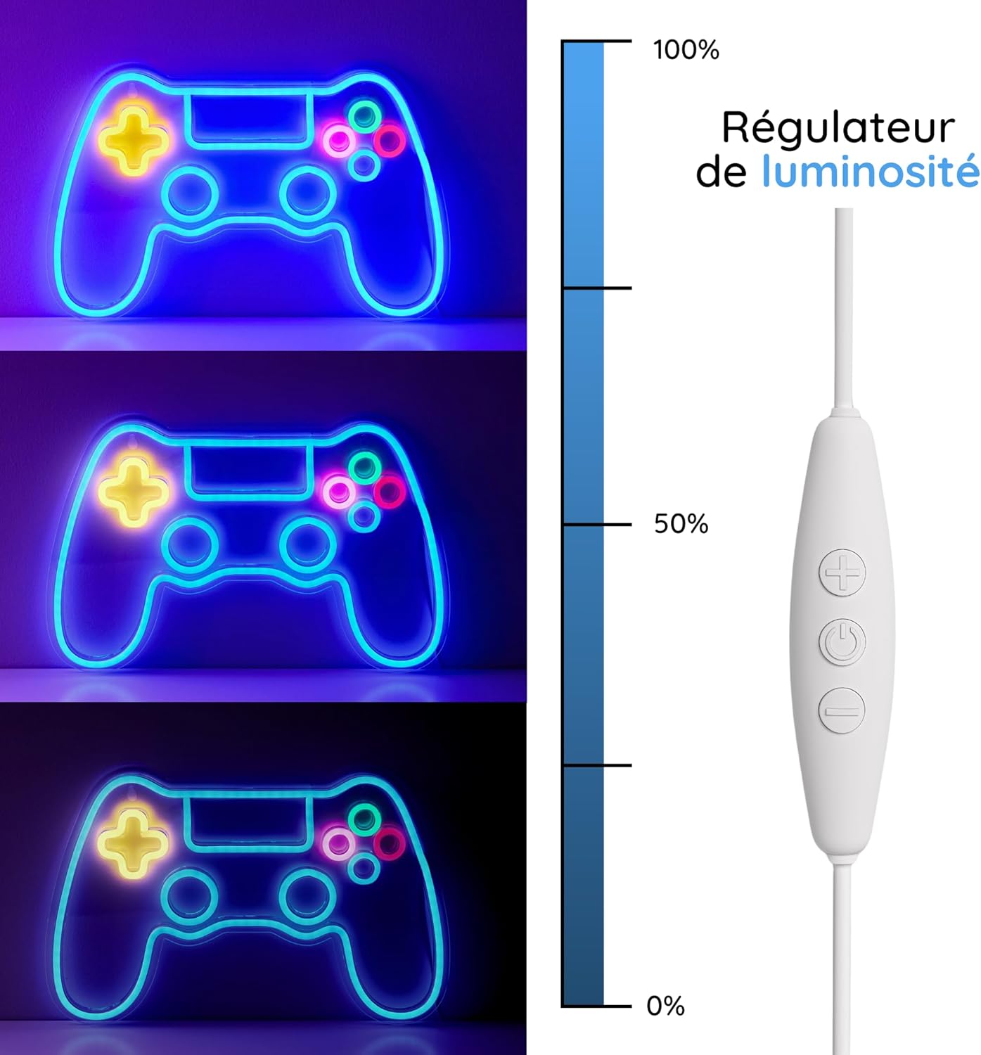 Options d'alimentation flexible pour la lampe murale gaming : batterie ou câble USB inclus pour une installation facile.