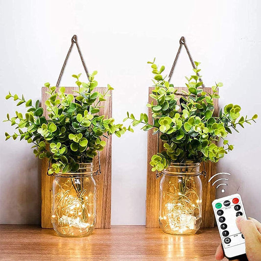 Appliques murales décoratives en bois avec LED et fausses plantes suspendues