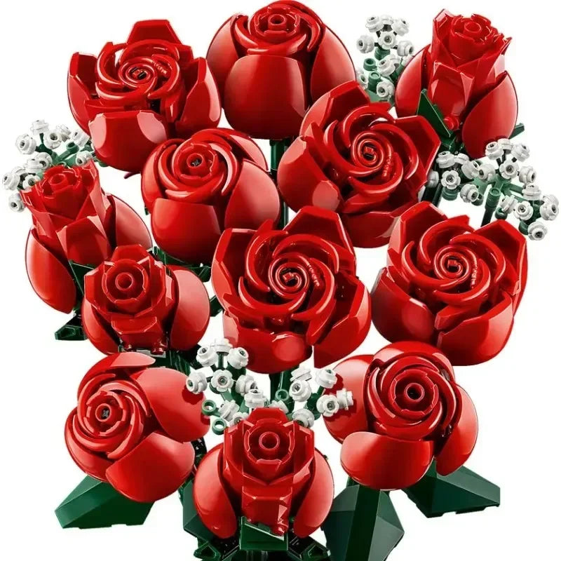 Personne construisant un bouquet de roses en briques de plastique