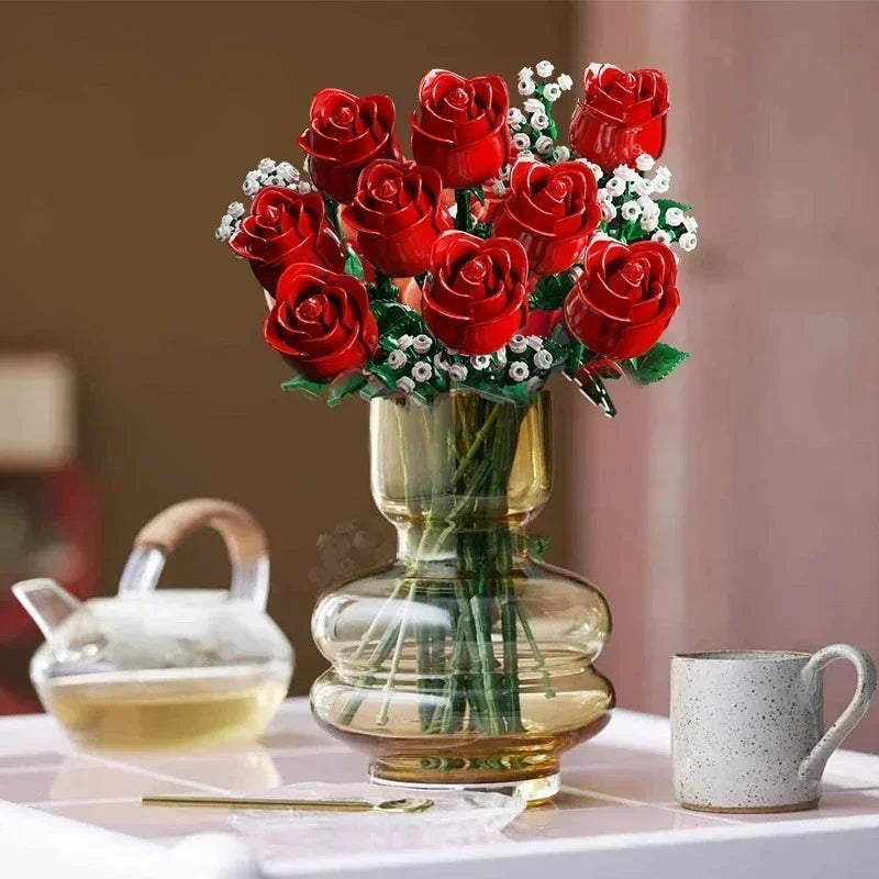 Personne construisant un bouquet de roses en briques de plastique, jouet DIY créatif
