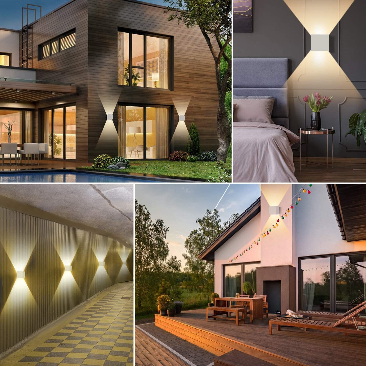 Vue détaillée de la décoration murale extérieure avec éclairage LED, montrant la qualité du matériau et du design moderne.