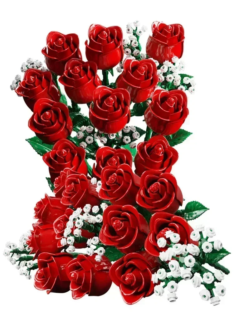 Bouquet de roses monté en blocs de construction dans une boîte cadeau pour femme