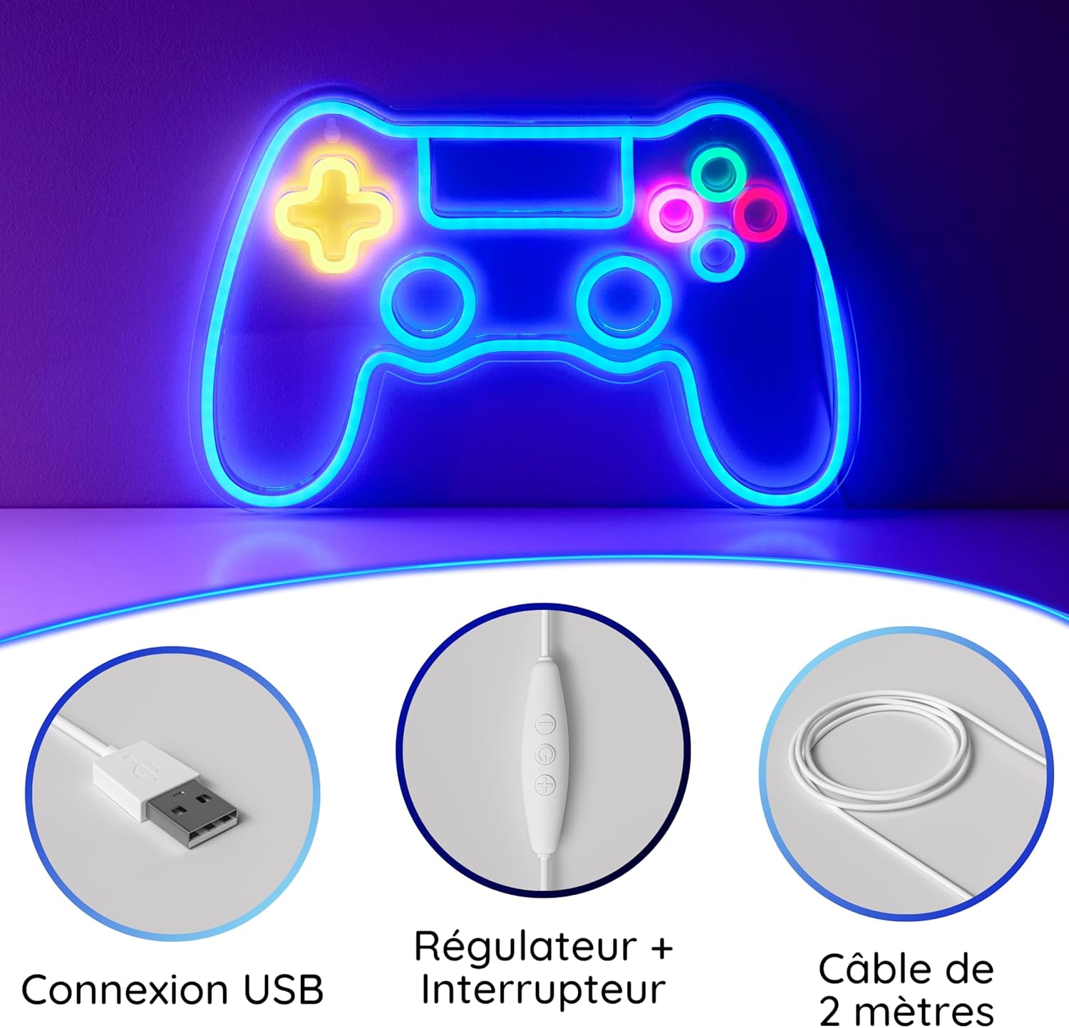 Lampe murale LED gaming avec alimentation USB et batterie, idéale pour une déco de chambre gamer ou bureau geek.