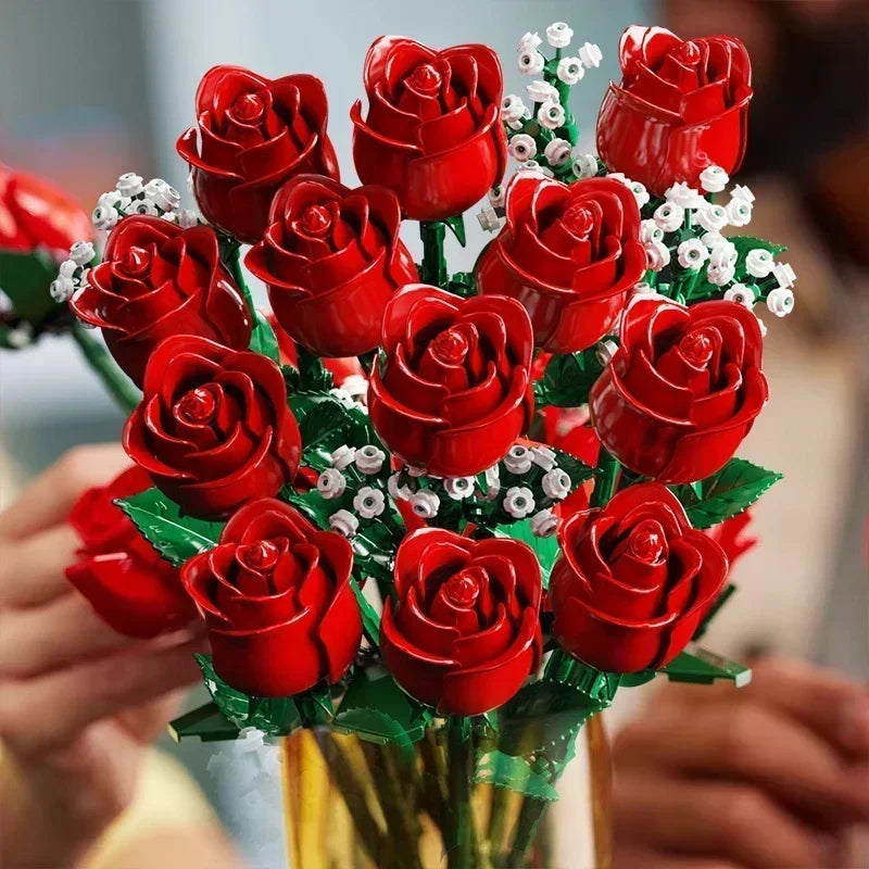 Bouquet de roses monté en blocs de construction dans une boîte cadeau pour femme